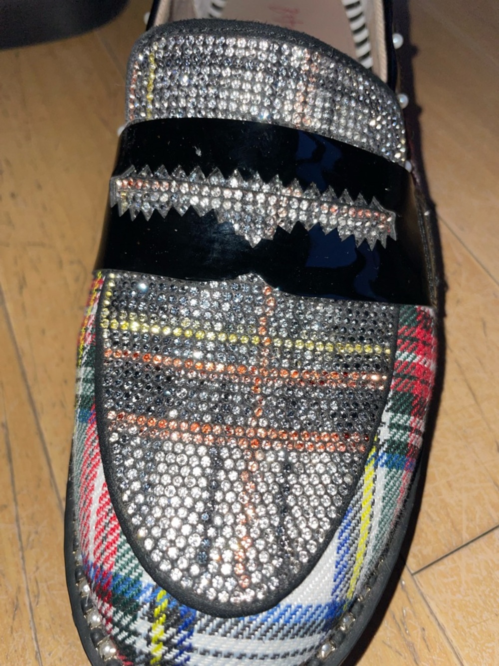 Betsey Johnson 7.5 Multicolor Plaid Bead &  Pearl Loafers Preppy Punk Bling CUTE - Picture 10 of 10